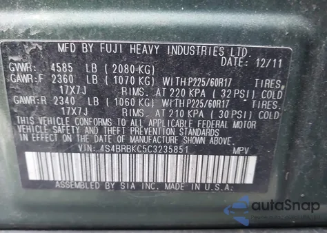 2012 Subaru Outback 2.5I Limited from USA, damaged, VIN 4S4BRBKC5C3235851